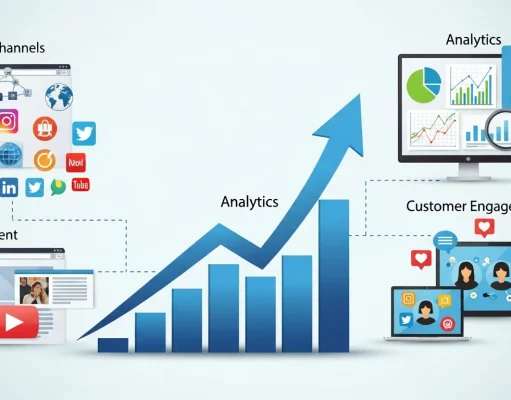 The Ultimate Guide to Digital Marketing Strategy Solutions Concept image of digital marketing strategy solutions showing business growth through online channels, analytics, content, and customer engagement across multiple platforms.