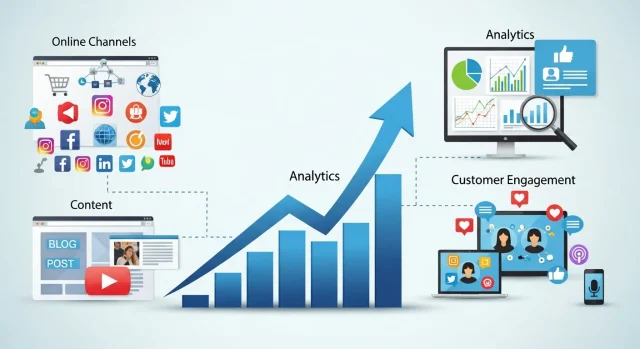 Concept image of digital marketing strategy solutions showing business growth through online channels, analytics, content, and customer engagement across multiple platforms.