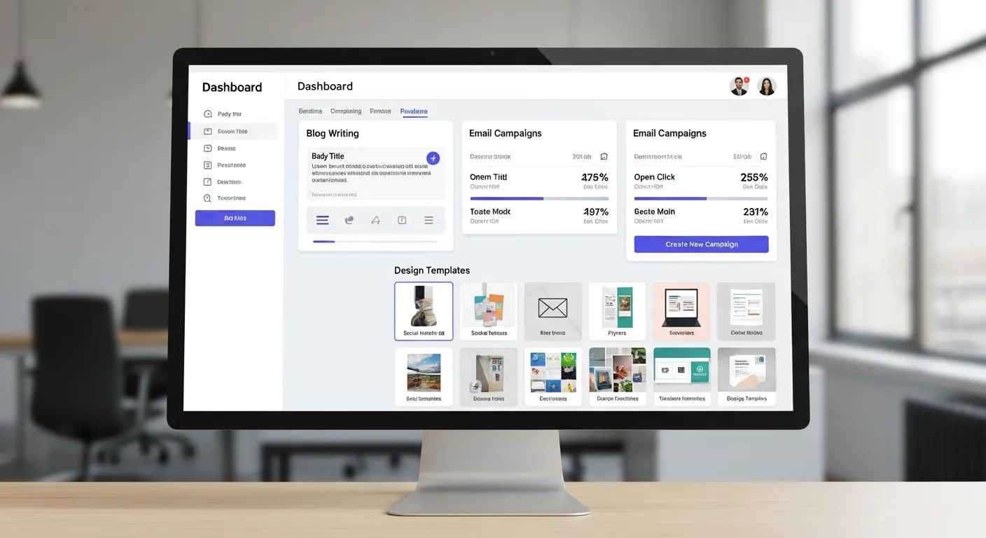 content creation tools dashboard with blog writing, email campaigns, and design templates