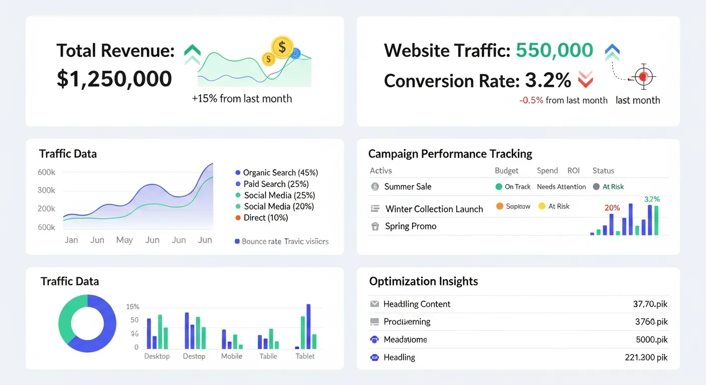 Dashboard-style image displaying marketing analytics, KPIs, traffic data, and campaign performance tracking for optimization.
