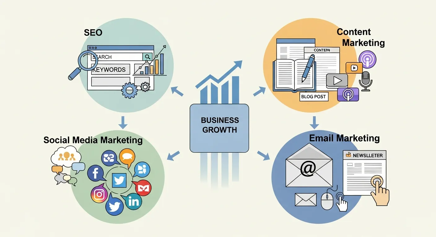 Visual diagram of digital marketing strategy framework including SEO, content marketing, social media, and email working together for business growth.