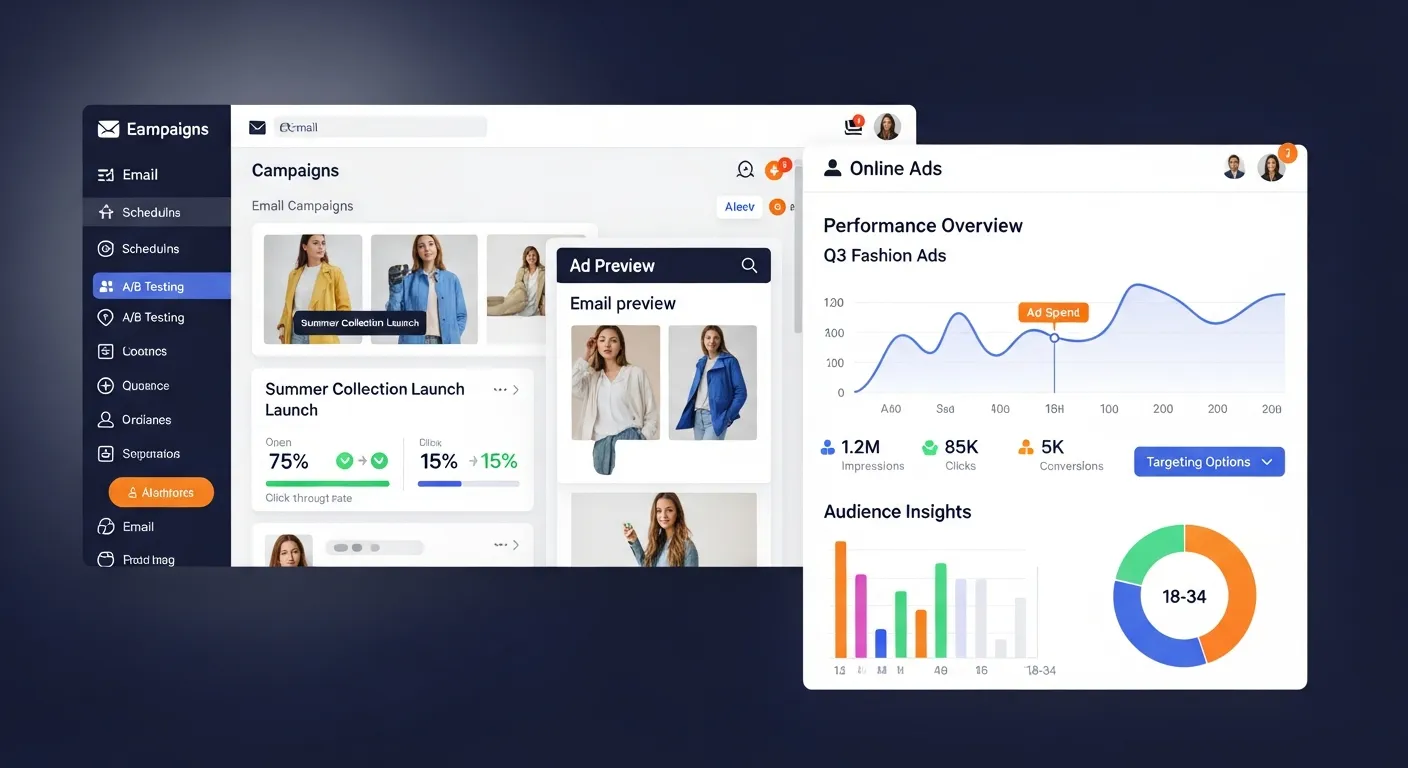 Email campaign interface and online ads dashboard showing targeted marketing and audience engagement tools. 