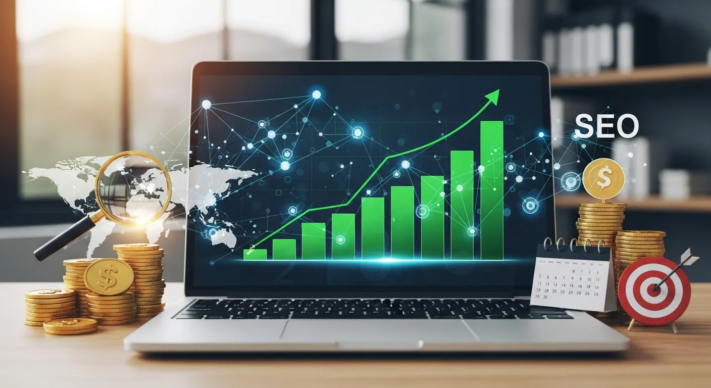 Laptop screen showing SEO affiliate marketing dashboard with content rankings and affiliate earnings graph