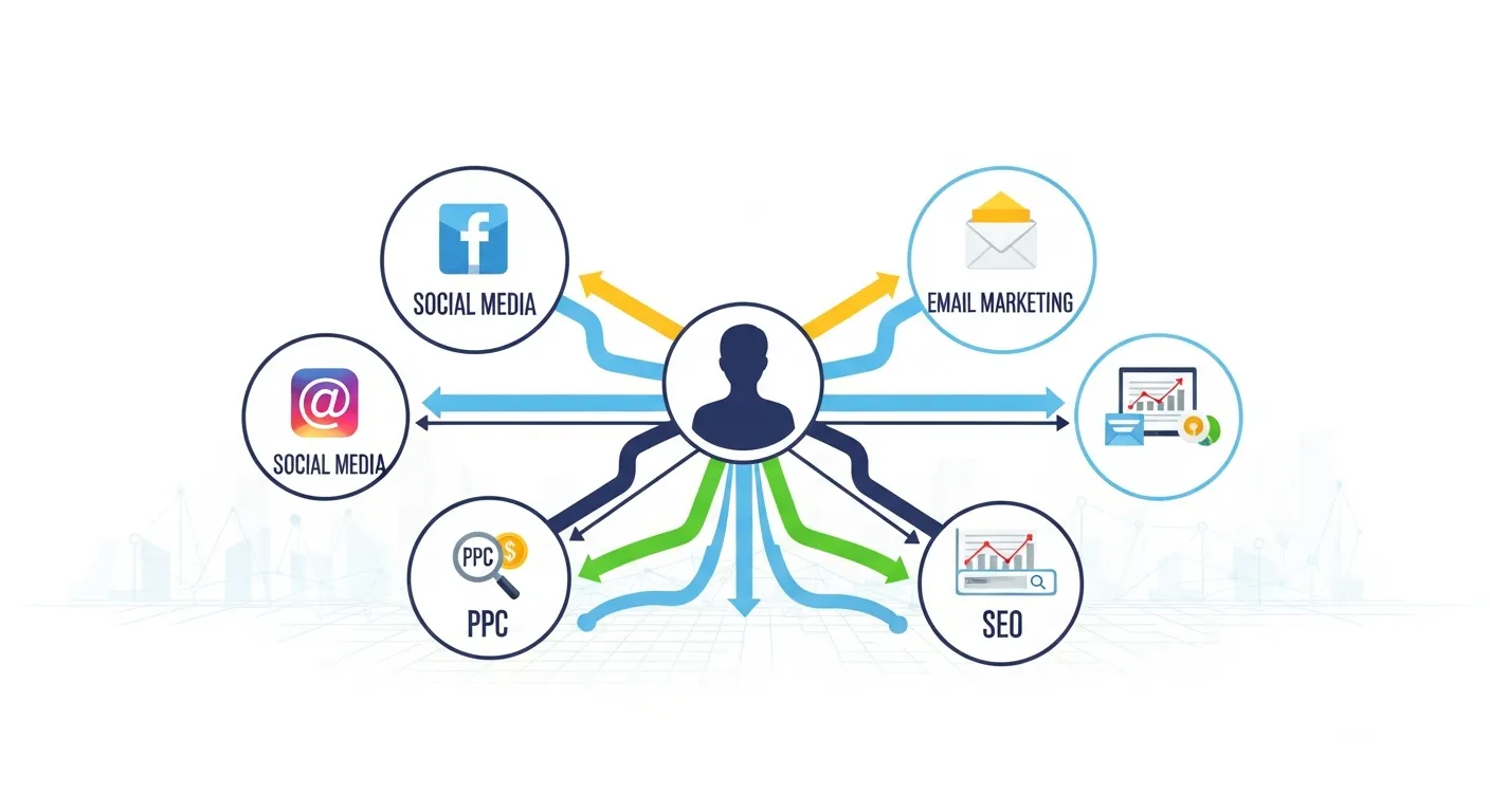 Illustration showing integrated marketing channels like social media, email, PPC, and SEO connected to create a unified customer journey.