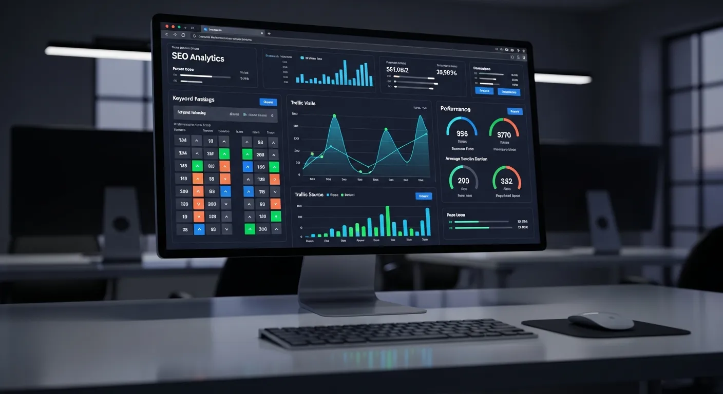 SEO analytics dashboard showing keyword rankings, traffic graphs, and website performance data