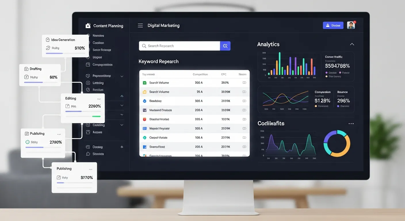 Digital marketing dashboard with keyword research, analytics charts, and content planning workflow.