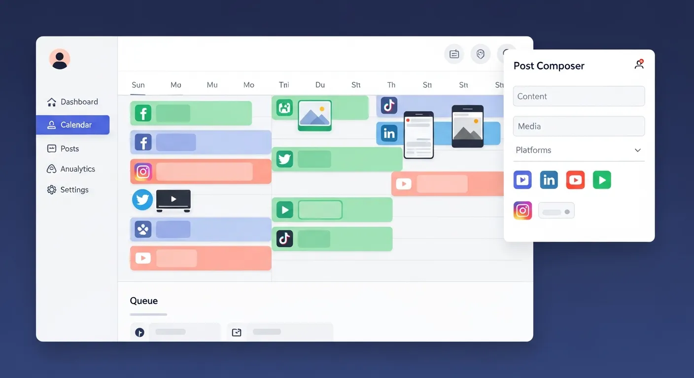 social media scheduling and automation tools interface managing multiple platforms and posts