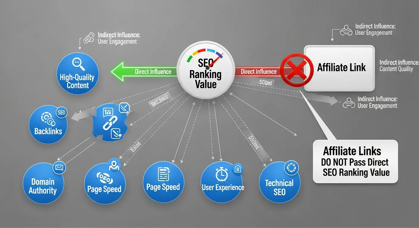 Illustration showing how affiliate links do not pass SEO ranking value directly