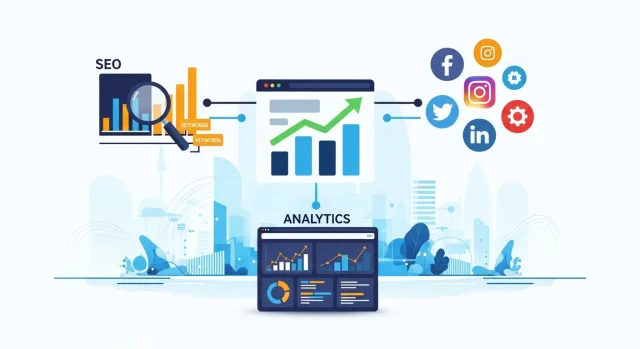 Digital best website marketing strategies illustration showing SEO, social media, and analytics for website growth
