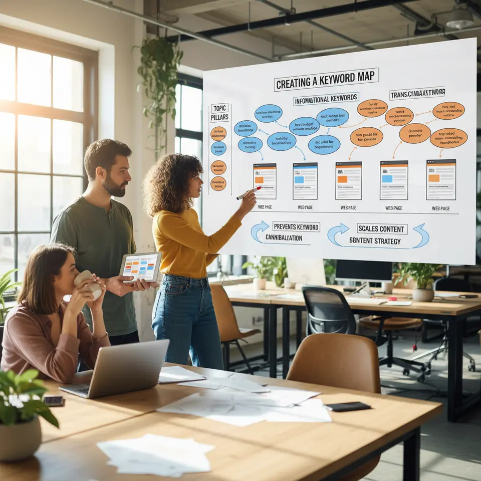 Creating a Keyword Map – an infographic-style diagram showing color-coded clusters of long-tail keywords (e.g. “how affiliate marketing works” vs. “buy wireless earbuds review”) mapped to individual web page placeholders. Include columns for Topic Pillars, Informational Keywords, and Transactional Keywords, with arrows linking each keyword group to its assigned page to illustrate how structured keyword mapping prevents cannibalization and scales content strategy.