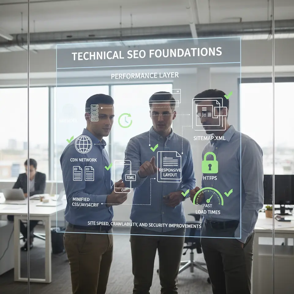 Technical SEO Foundations – a cutaway schematic of a website’s performance layer, featuring icons for a CDN network, browser caching, minified CSS/JavaScript, a mobile device with a responsive layout badge, an XML sitemap file, and an HTTPS padlock. Add a speedometer gauge indicating fast load times and green checkmarks next to each optimization to visually convey site speed, crawlability, and security improvements.