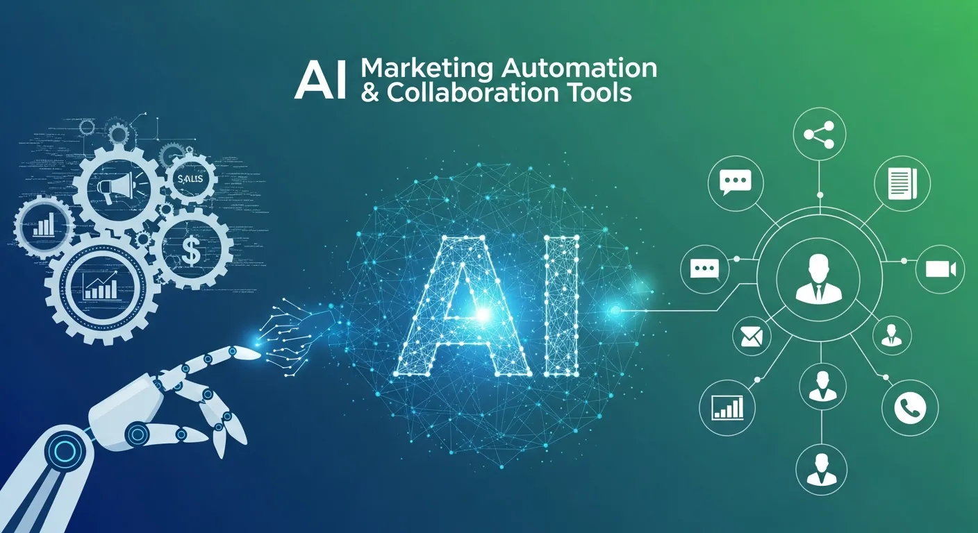 Digital workspace displaying AI chatbots, CRM systems, and marketing automation tools connected in a centralized business workflow system.