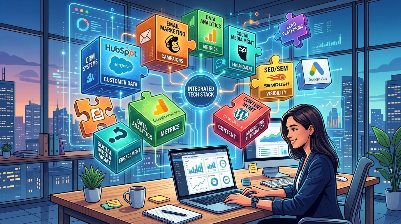 Overview of modern digital marketing tools examples including SEO, analytics, CRM, email marketing, and automation software on a workspace dashboard