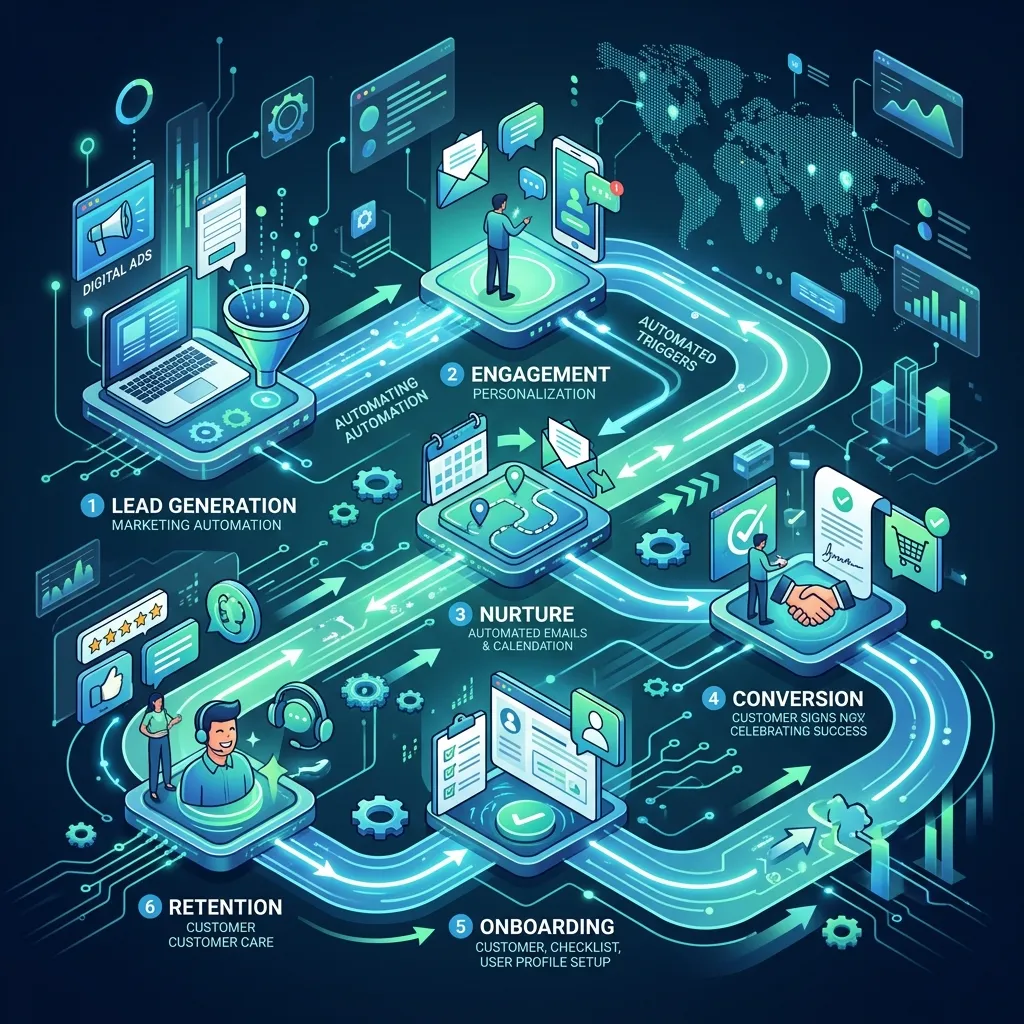 Visual workflow of CRM email automation with customer journey stages including welcome emails, abandoned cart recovery, and personalized follow-up sequences