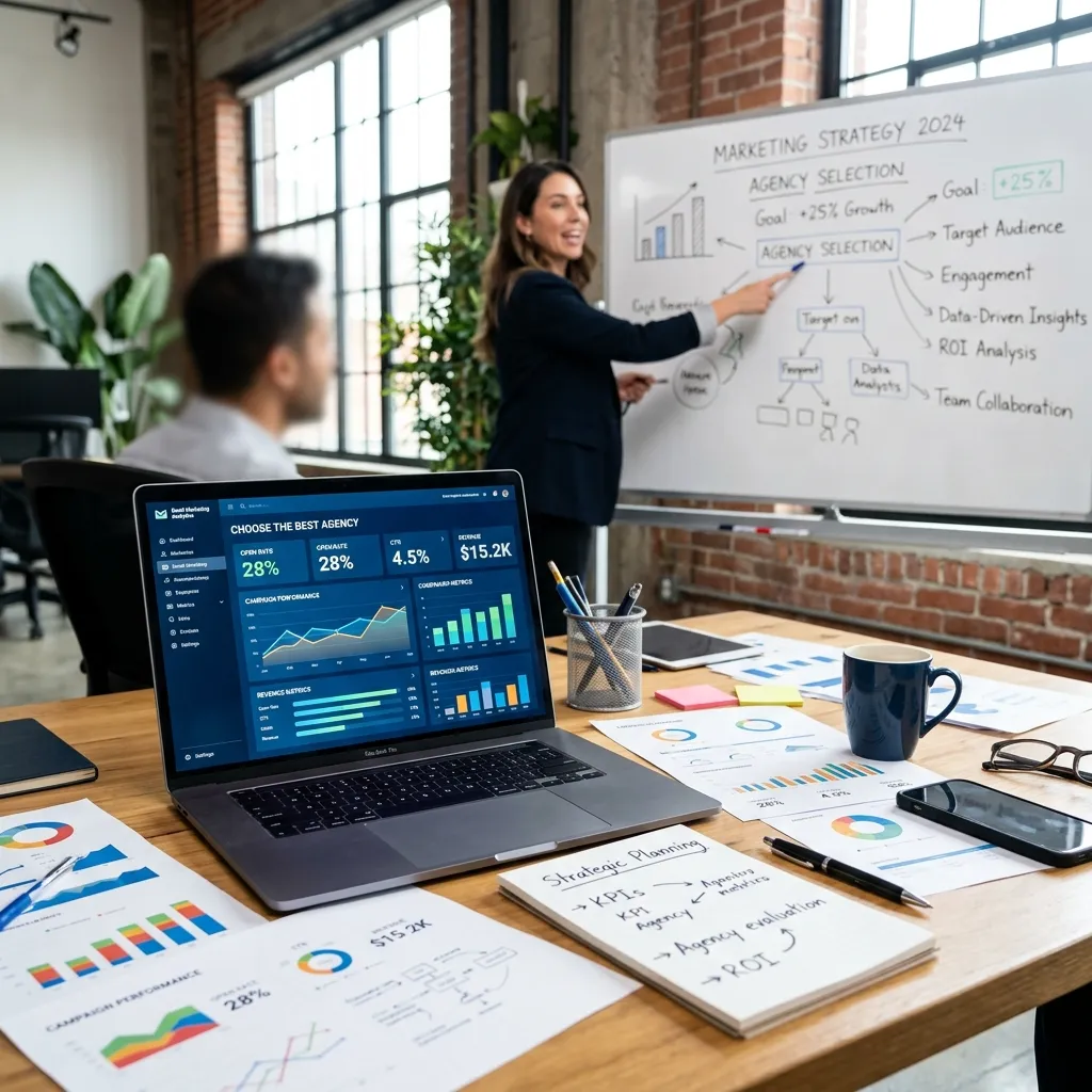 Business team reviewing email marketing agency proposals, campaign analytics, creative email designs, and strategy presentations during a professional meeting