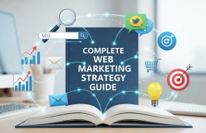 Web Marketing Guide: Strategies for Long-Term Success Business team collaborating on digital marketing strategy with laptops, charts, and online growth analytics displayed on screens