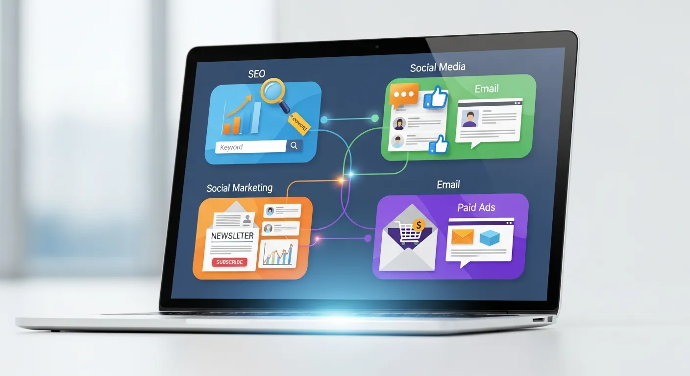 Illustration of SEO, social media, email marketing, and paid ads working together on a laptop screen