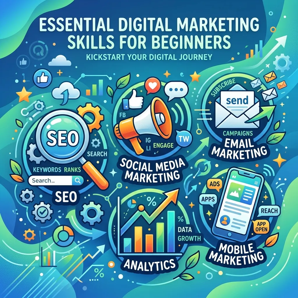 Digital marketer studying SEO, social media, analytics, and content marketing on a laptop.