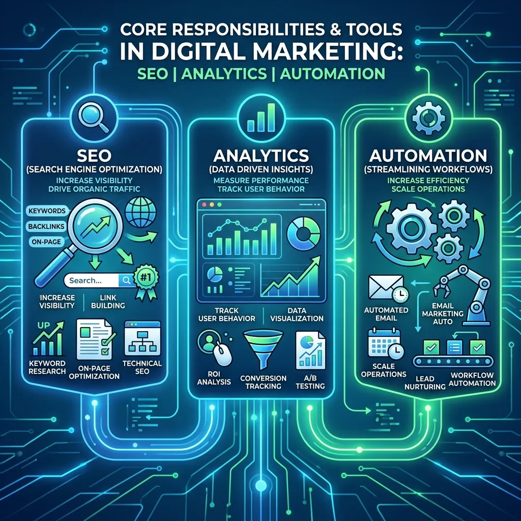 Marketing professional managing SEO dashboards, social media campaigns, and analytics tools on a computer screen.