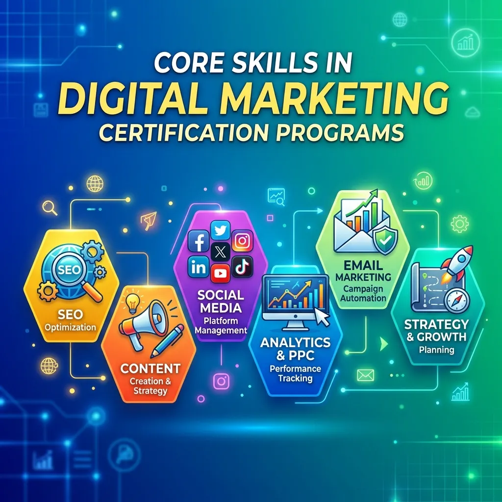 Training environment showing SEO, PPC, and social media dashboards used in digital marketing education.
