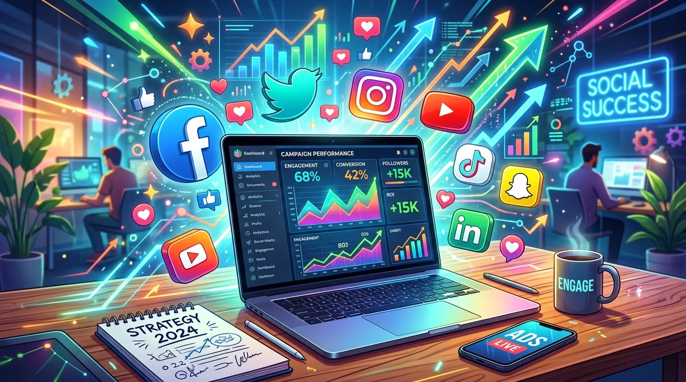 Digital marketer managing social media posts and engagement analytics on multiple screens.