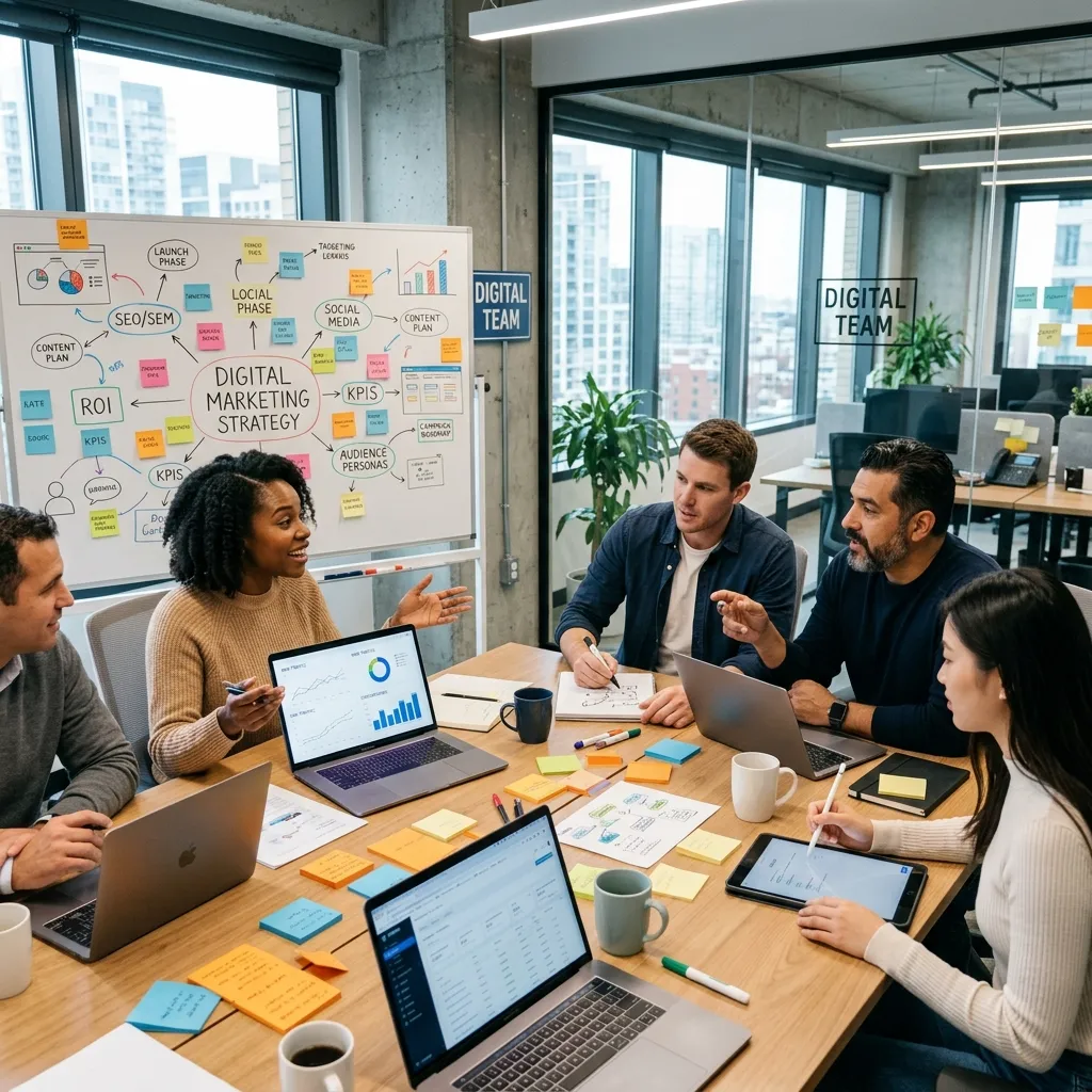 Team discussing internet marketing strategy around a laptop with SEO charts, audience research data, and marketing planning documents on a table.