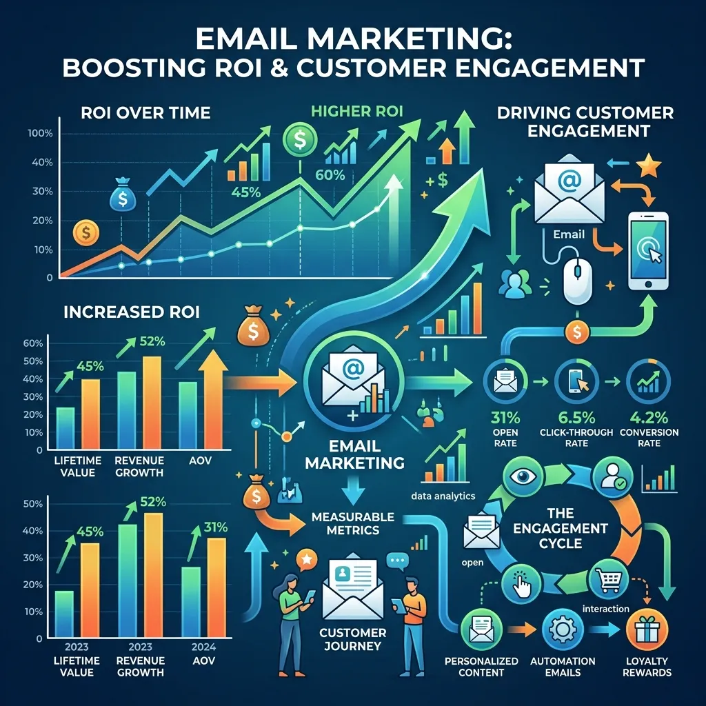 Professional email marketing dashboard showing high ROI metrics, customer engagement analytics, and personalized email campaign performance