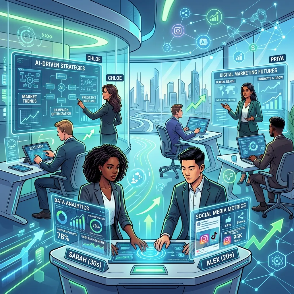Futuristic digital marketing concept showing AI, automation, and data-driven growth with charts and connected devices.
