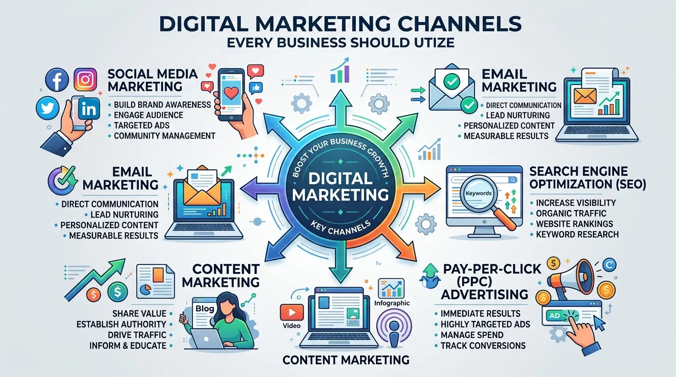 Digital marketing dashboard displaying SEO analytics, social media metrics, email campaigns, and online advertising performance on multiple screens.