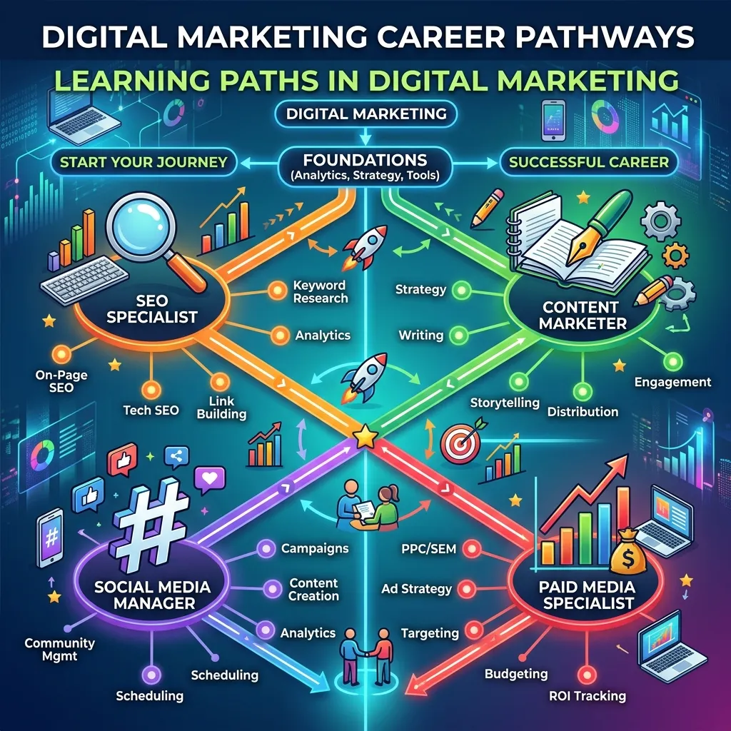 Student learning digital marketing through online courses, certifications, and practical projects.