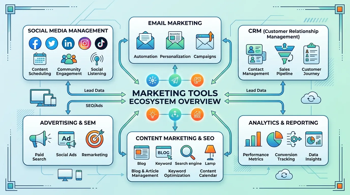 Different categories of marketing tools including SEO tools, analytics dashboards, content creation platforms, and social media management software