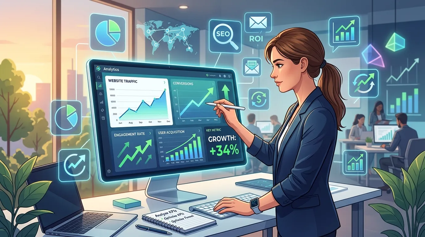 Business professional analyzing website traffic, conversion rates, and campaign performance data on a large analytics dashboard.