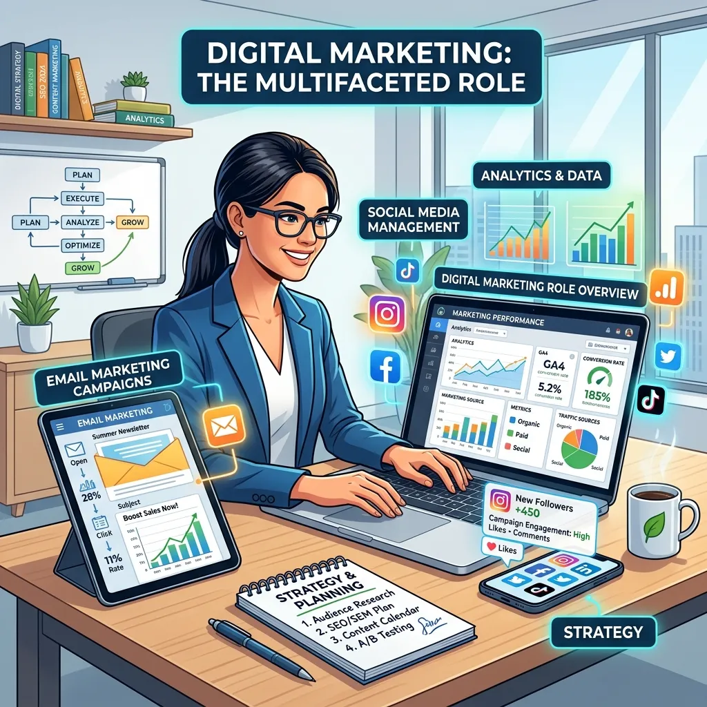 Digital marketer analyzing online data and strategy planning on multiple screens in a modern office workspace.