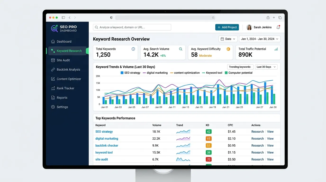 SEO tools dashboard showing keyword research data, search volume, and ranking analytics.