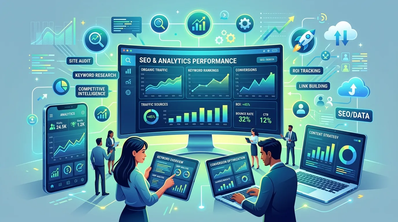 Digital marketing dashboard displaying SEO analytics, keyword rankings, traffic graphs, and website performance metrics.