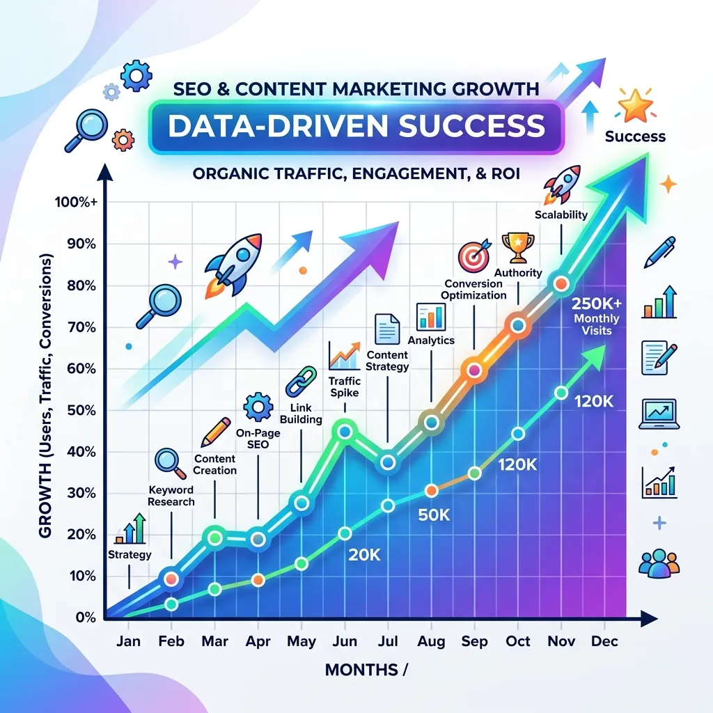 Computer screen showing SEO keyword rankings, website traffic growth graph, and content marketing performance analytics dashboard.