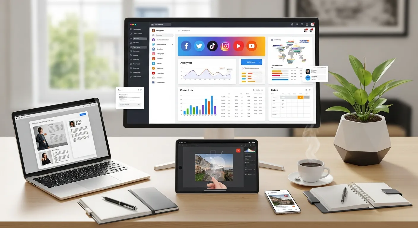 Team managing social media posts, scheduling content, and reviewing engagement analytics on multiple screens in a modern office setup.