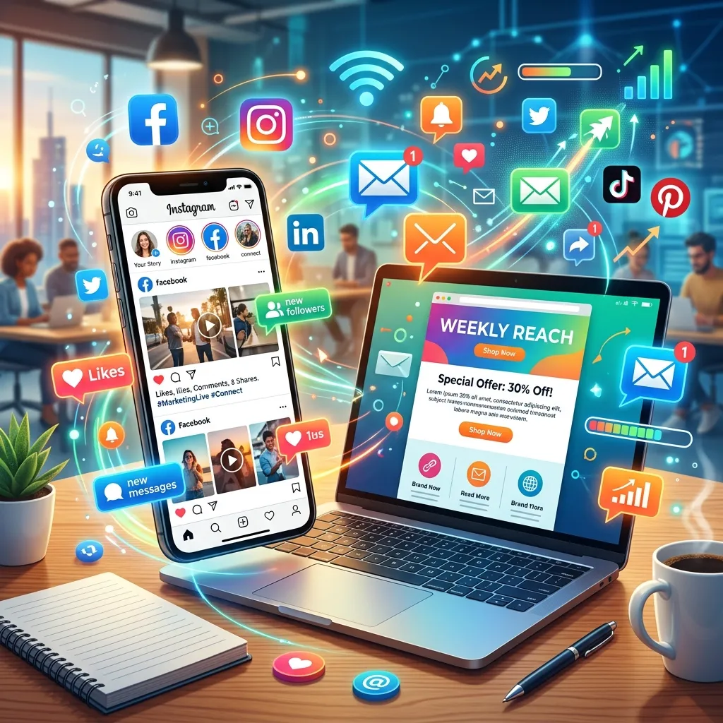 Smartphone displaying social media posts and email marketing newsletter alongside engagement metrics like clicks, likes, and conversions.