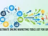 The Ultimate Online Marketing Tools List for Growth Modern digital marketing workspace with analytics dashboards, SEO tools, social media graphs, and online marketing tools list interfaces displayed on multiple screens showing a complete online marketing tools ecosystem.