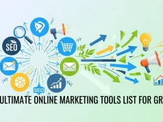 The Ultimate Online Marketing Tools List for Growth Modern digital marketing workspace with analytics dashboards, SEO tools, social media graphs, and online marketing tools list interfaces displayed on multiple screens showing a complete online marketing tools ecosystem.