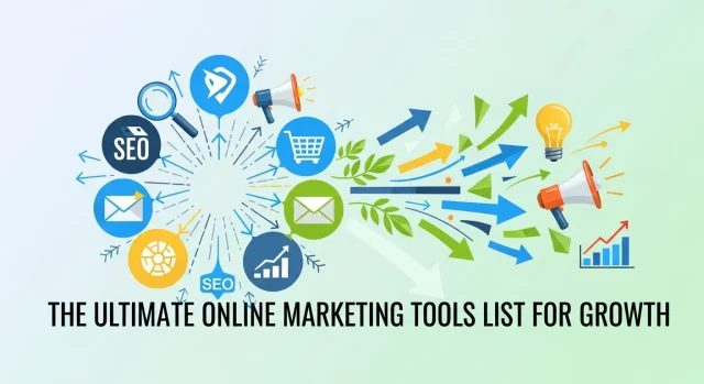 Modern digital marketing workspace with analytics dashboards, SEO tools, social media graphs, and online marketing tools list interfaces displayed on multiple screens showing a complete online marketing tools ecosystem.
