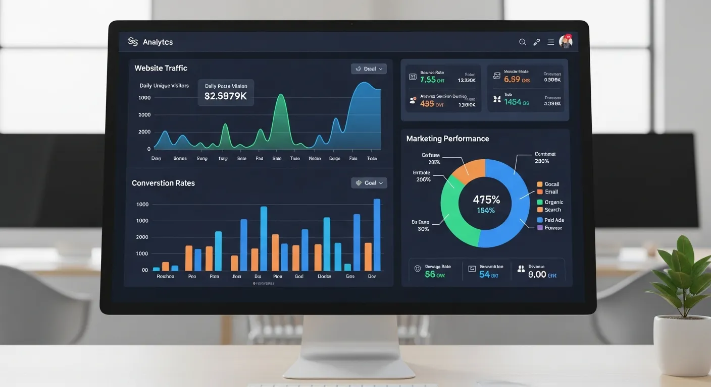 Analytics dashboard showing website traffic, conversion rates, and marketing performance graphs