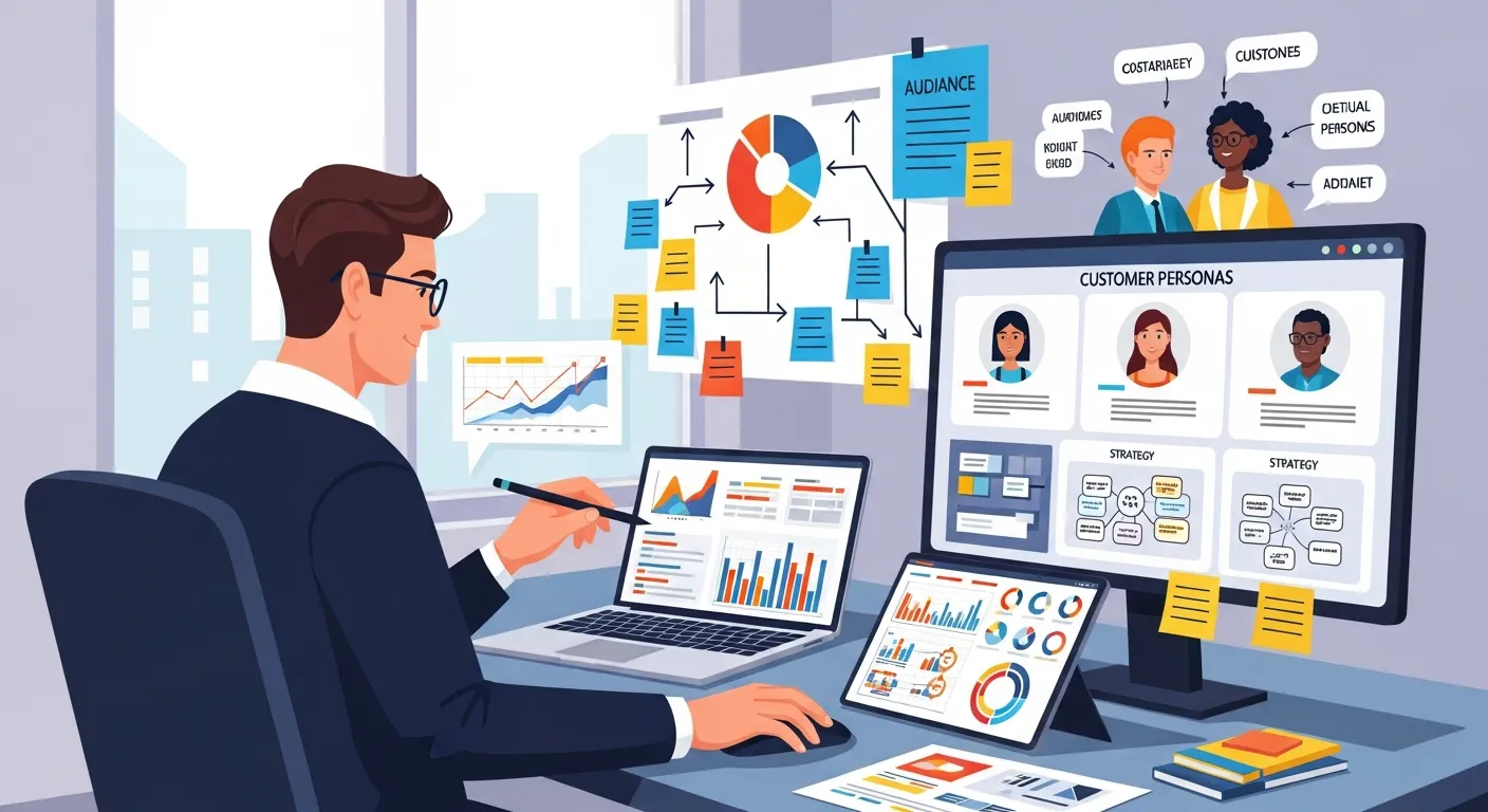 Digital marketer analyzing audience data, customer personas, and strategy notes on a laptop and charts