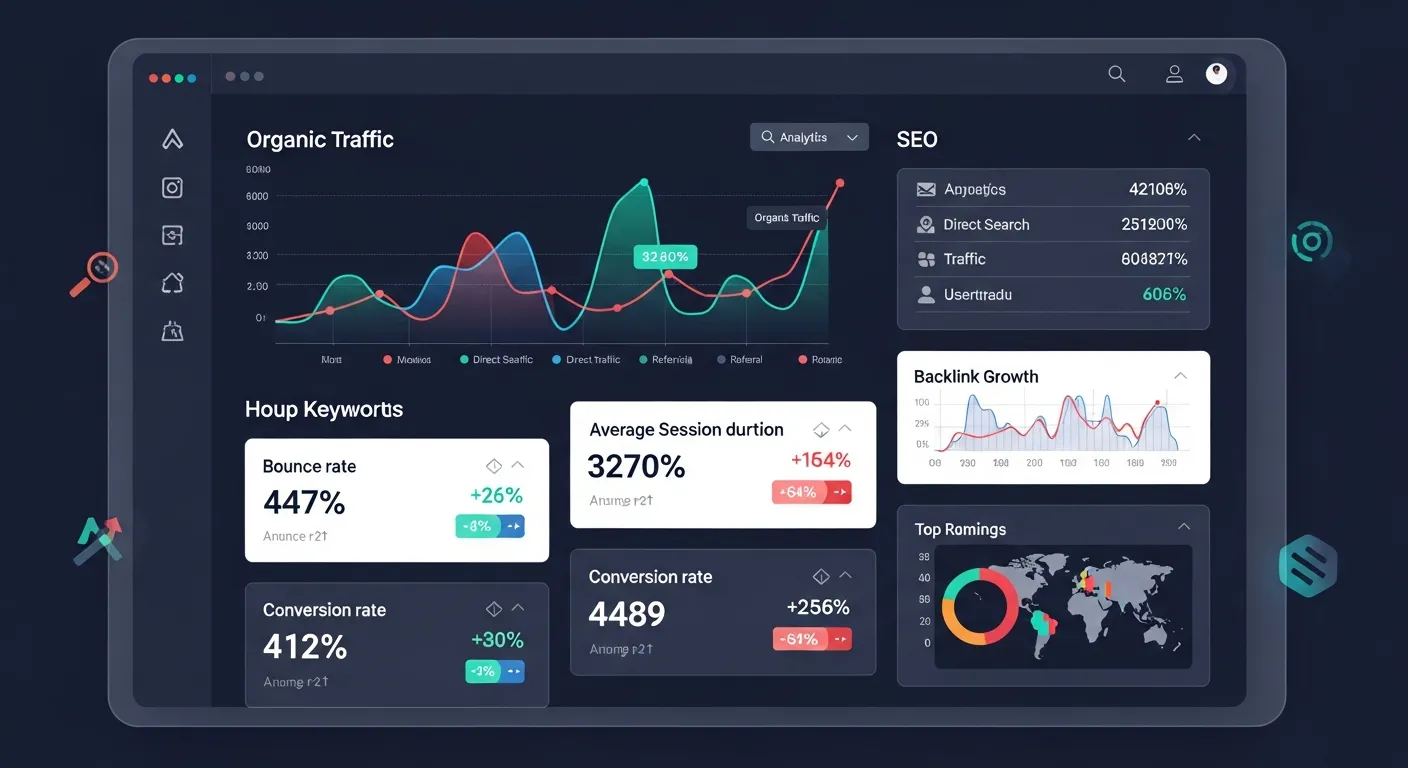 Marketing professional analyzing SEO and website performance data on a digital dashboard showing traffic charts and keyword insights.