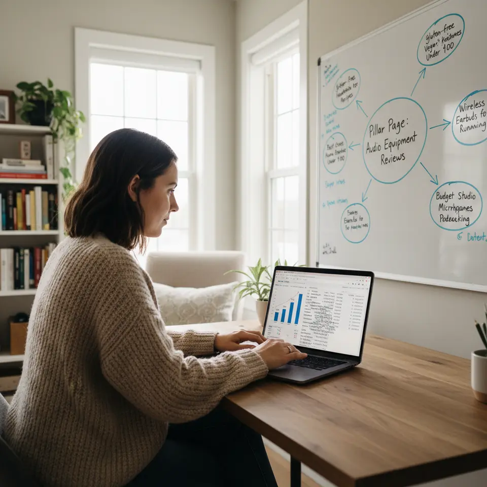 An illustrative depiction of the niche and keyword research workflow: a content marketer at a desk viewing a laptop screen that displays search-volume bar charts, keyword difficulty scores, and a cloud of long-tail queries. Nearby, a whiteboard sketch shows a pillar page in the center with arrows pointing to smaller cluster articles, each labeled with specific buyer-intent phrases like “best noise-canceling headphones under $100.”