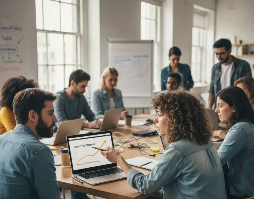 Boost Your Revenue with Advanced SEO Affiliate Strategies Diagram showing SEO affiliate strategies process including keyword research, content creation, search engine rankings, affiliate links, and conversion tracking leading to online revenue.