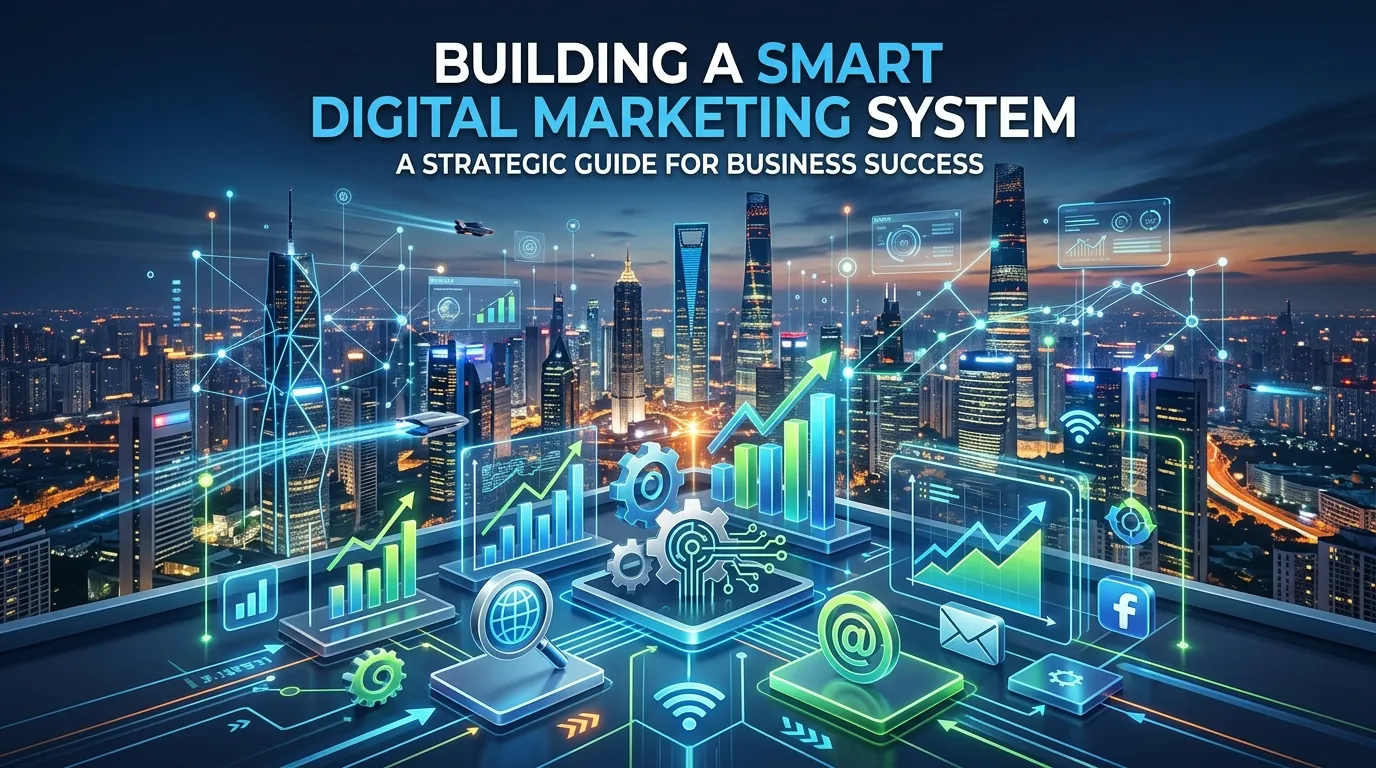 Digital marketing workflow with analytics charts, automation tools, and website growth metrics