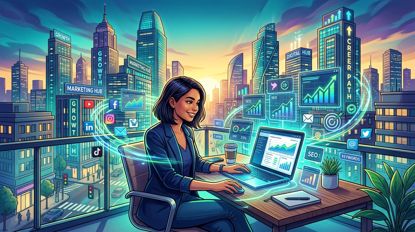 Young digital marketing professional working on a laptop, learning new skills, networking online, and advancing through various career opportunities in marketing.