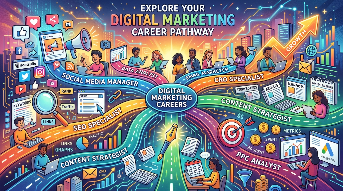 Digital marketing professionals collaborating on SEO, content marketing, social media, and paid advertising strategies while reviewing campaign performance on laptops and dashboards.