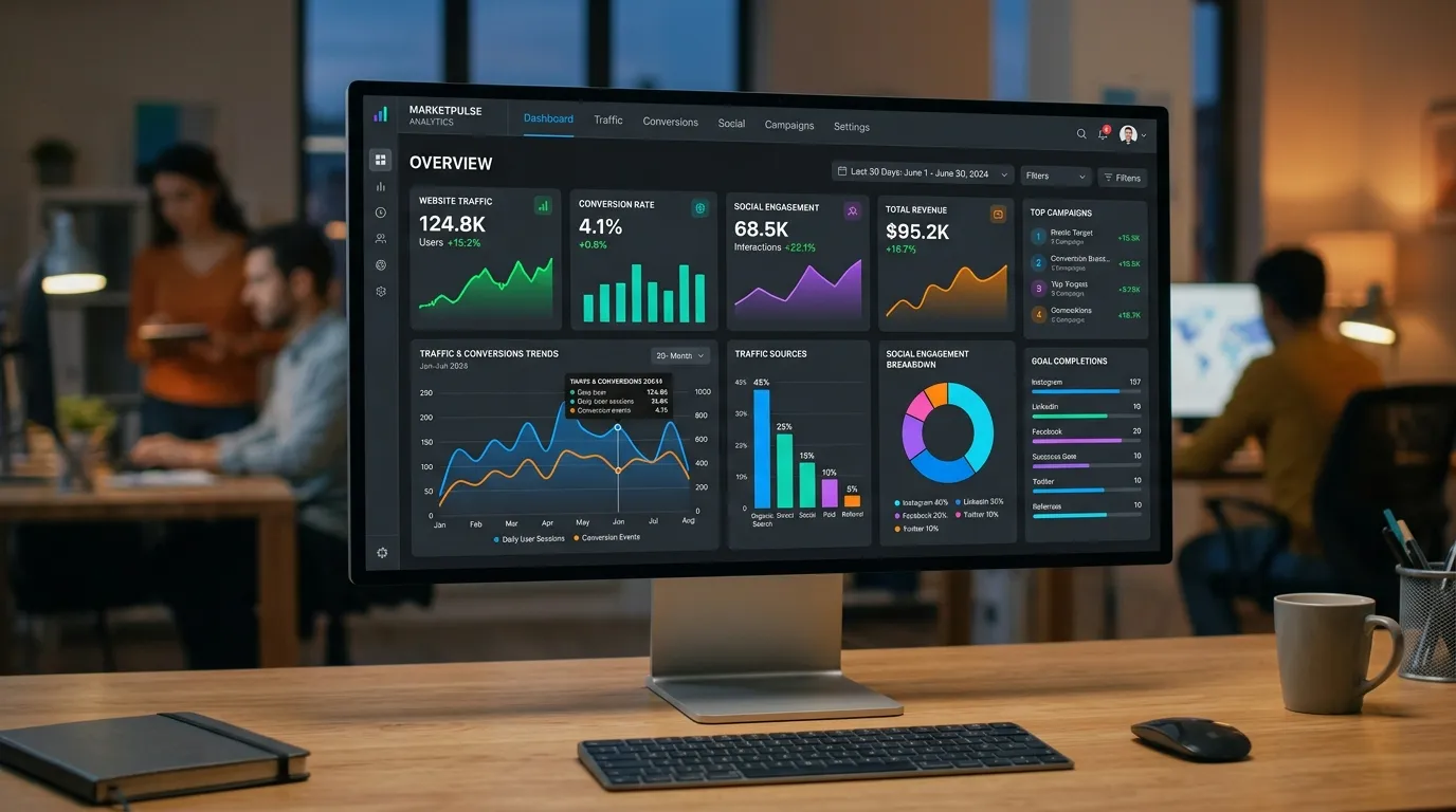 Digital marketing performance dashboard displaying website traffic, SEO rankings, social media engagement, PPC results, conversion rates, and campaign analytics.